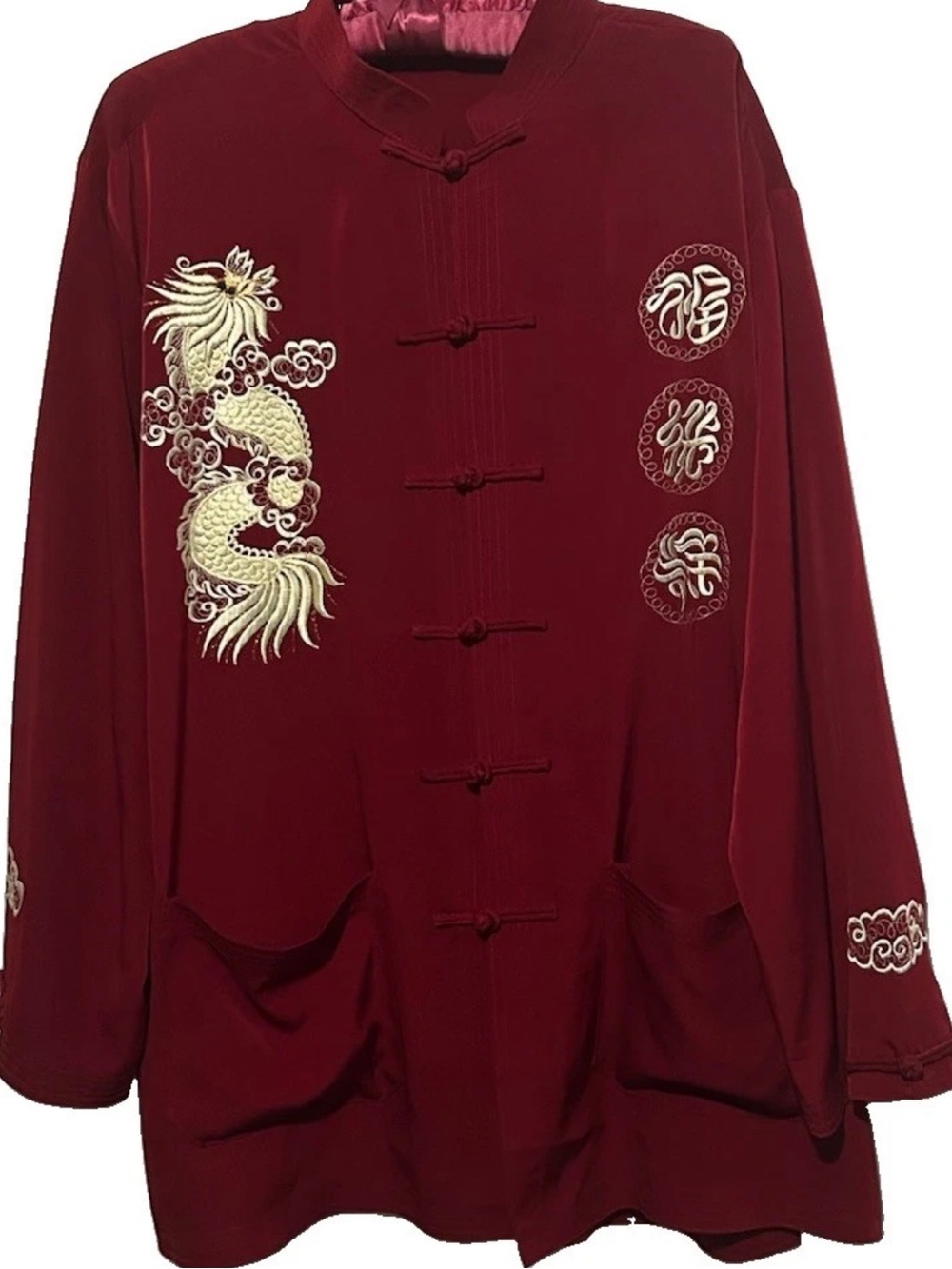 Silk Dragon Embroidered Vintage Jacket XXL Burgundy Ethnic Frog Closure Shacket
